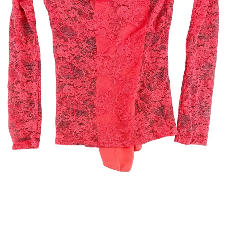 Vintage Y2K Hot Pink Lace Sheer Long Sleeve Blouse Retro Coquette Small - Image 2