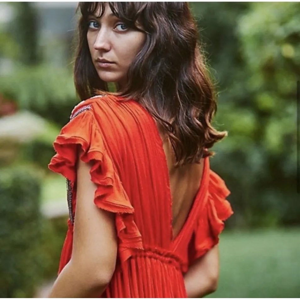 FREE PEOPLE‎ Red Orange BALI WILL WAIT FOR YOU EMBROIDERED MIDI Boho DRESS Sz XS - Image 3