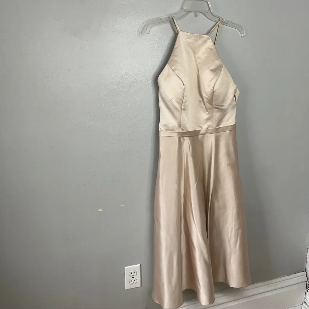 Bill Levkoff Bridesmaid High Neck Champagne Satin Gown Dress 1614 - Image 2