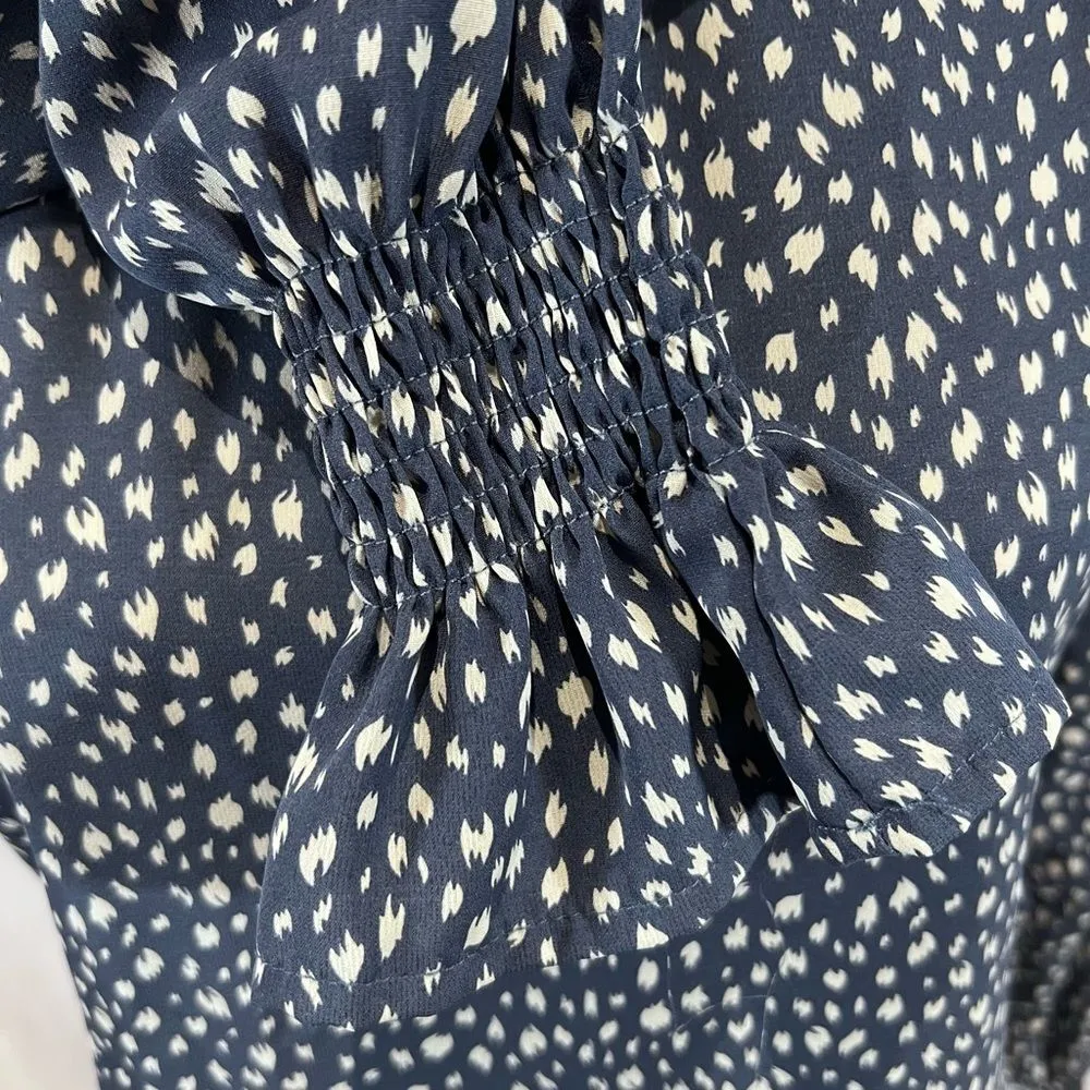 Long lantern sleeve blue and ivory frill trim high neck blouse top size XS - Image 3