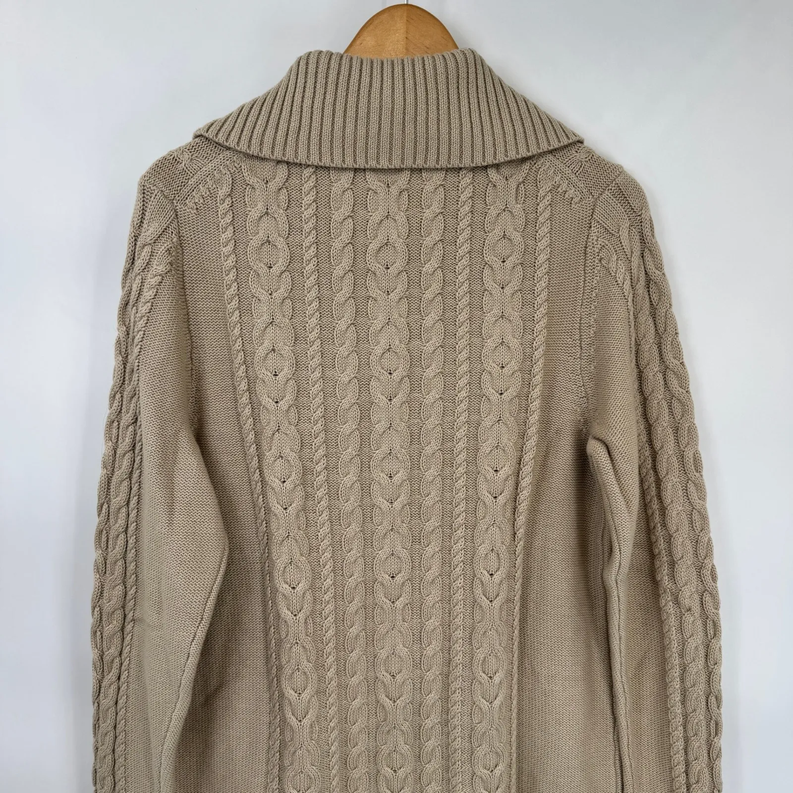 LL Bean Button Front Cable Knit Cardigan Sweater Women L Tan Cotton Shawl Collar Size L - Image 10