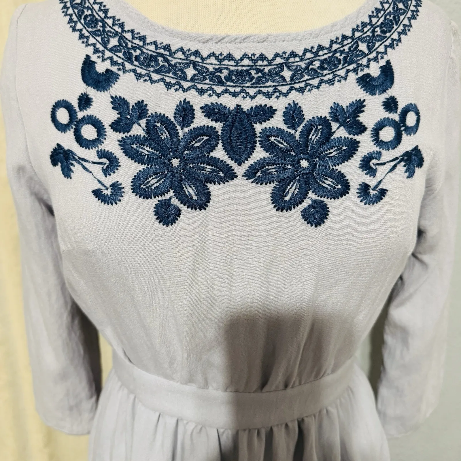 Polagram Light Blue Embroidery Long Sleeves Cottagecore Peasant Zippered Dress S - Image 3