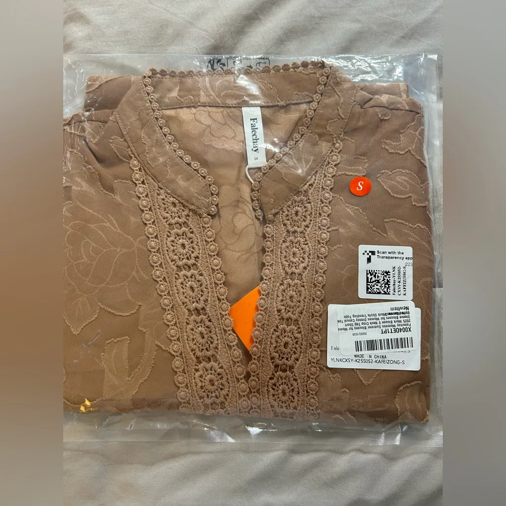 NEW Lace Dressy Casual Short Sleeve V Neck Shirts Elegant Career Blouse S Tan - Image 4