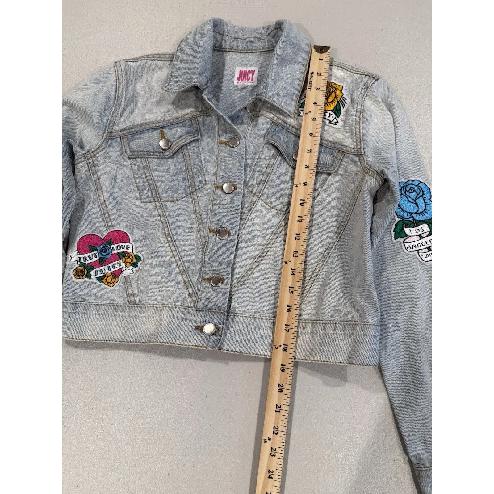 Juicy Couture Denim Jean Jacket Womens XS Distressed Y2K Patches Punk Tattoo - Image 5