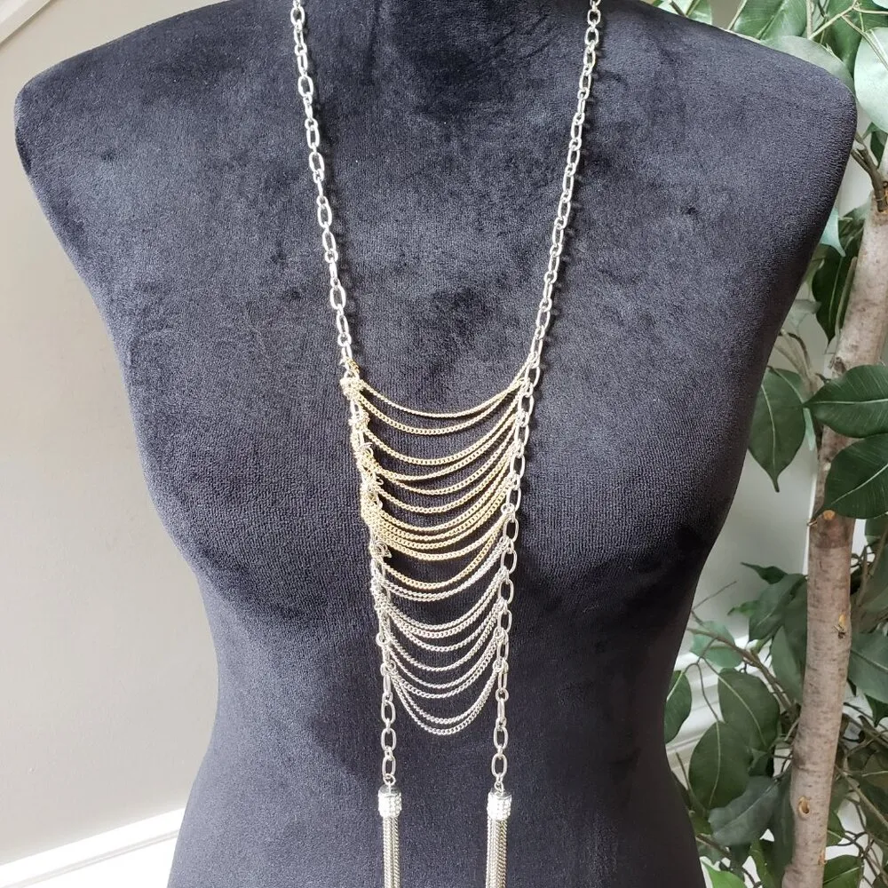 JLO Women's Jewelry Two Tone Chain Drapes & Tassel Long Necklace Lobster Clasp Gold - Image 2