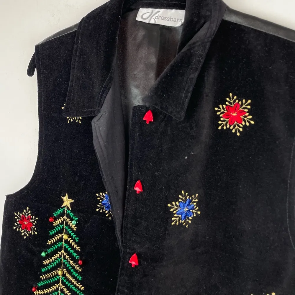 Dressbarn Black Christmas Vest Sz XL Felt Embellished Holiday Tree Bells - Image 10