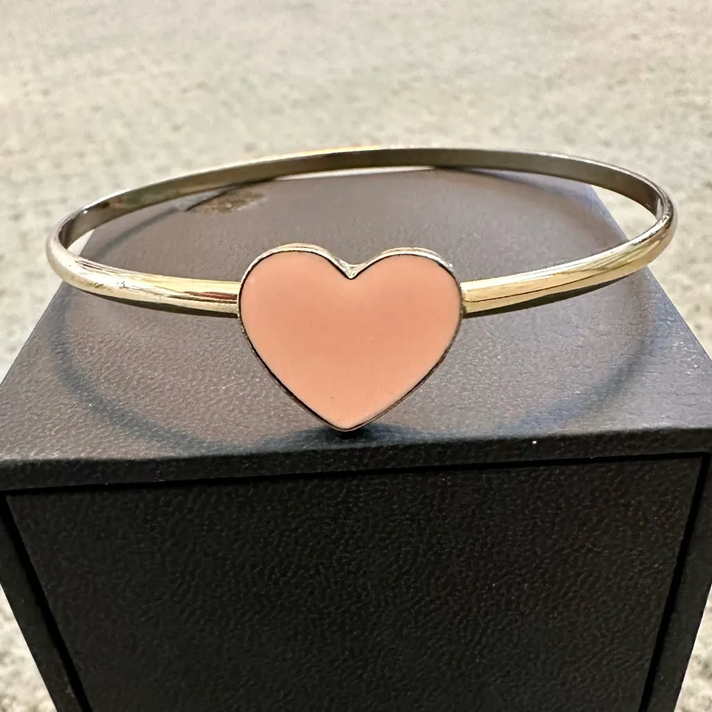 Gold Bangle Bracelet with Pink Heart Center - Image 2