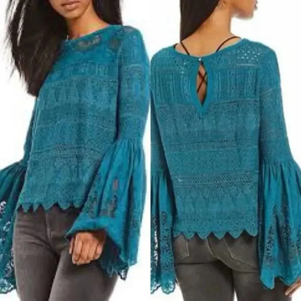 FREE PEOPLE Once Upon A Time Blouse Dark Turquoise Size Small Bell Sleeves - Image 2
