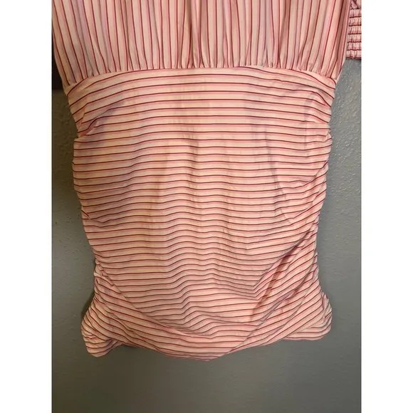Anthropologie Maeve Fitted Ruched Mini Shirt Dress White Pink Size Medium Petite - Image 10