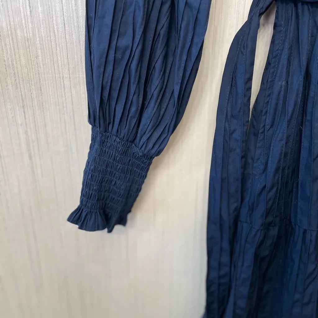 Elie Tahari Navy Pleated Long Sleeve Midi Dress Cottagecore | Size Small - Image 5
