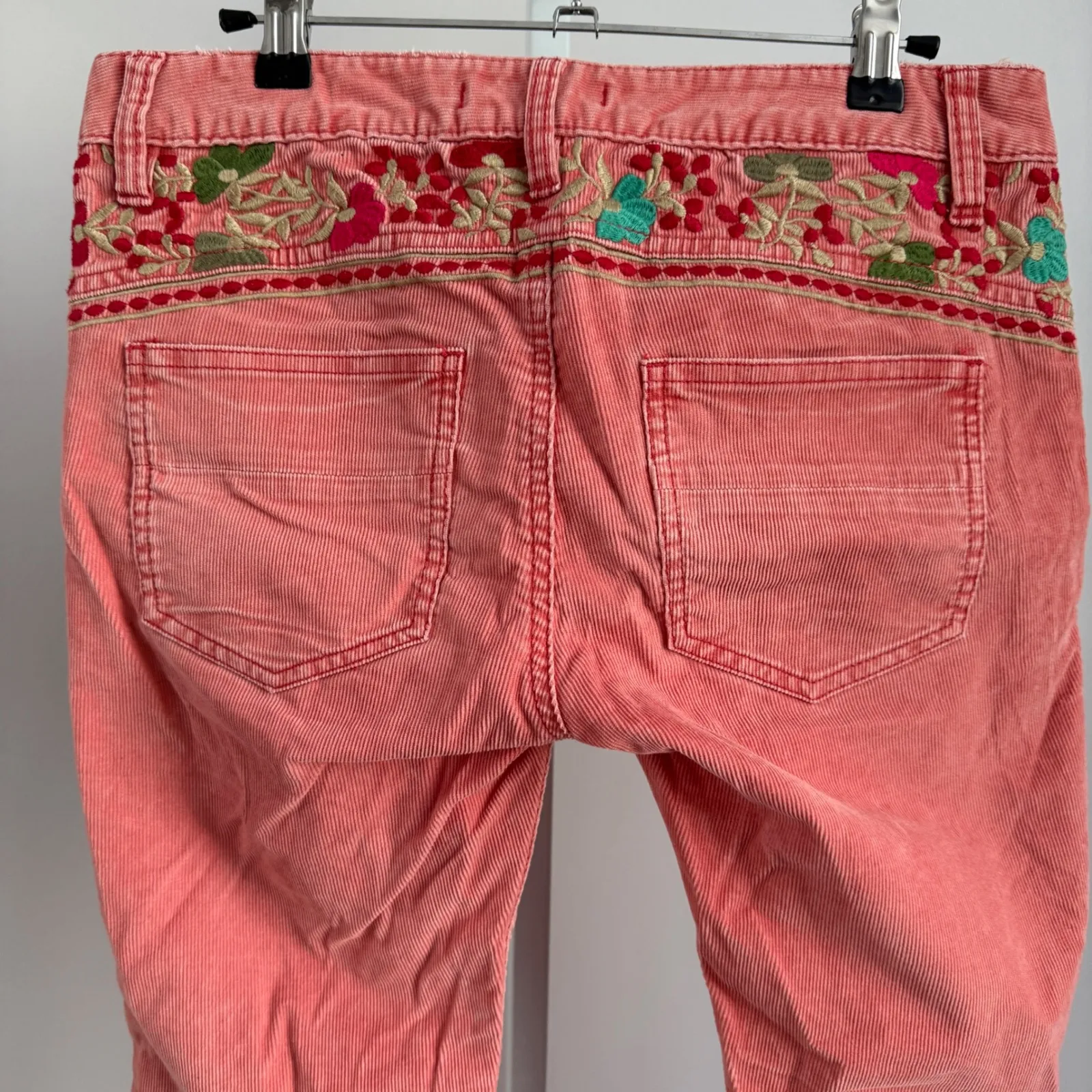 Free People Embroidered Corduroy Pants Size 28 Floral Coral Pink Denim‎ - Image 7
