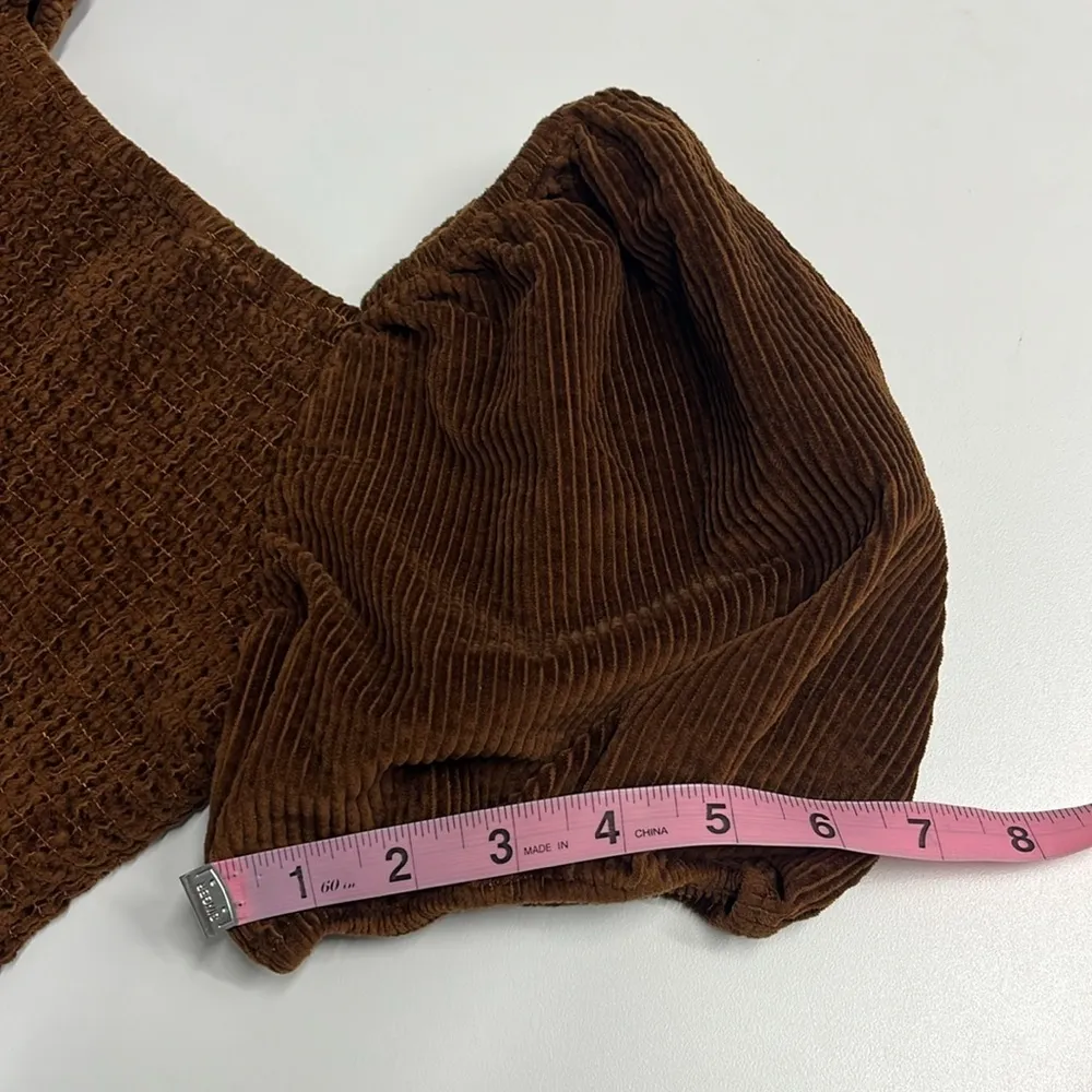 balloon sleeve crop top peplum ruched stretchy neutral brown xs - Image 6