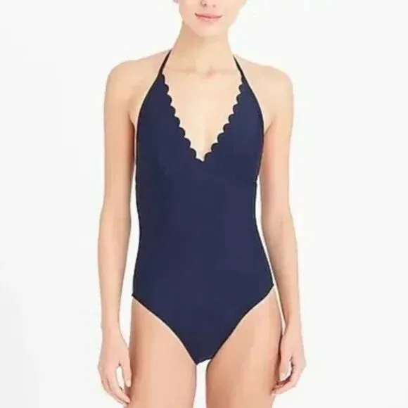 J. Crew Swimsuit One Piece Scalloped Neckline Deep V-Neck Size 10 Navy Blue‎ - Image 2