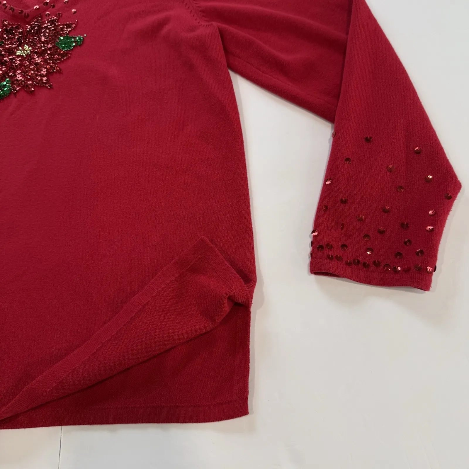 Quacker Factory Red Sequin Poinsettia Holiday Christmas Pullover Sweater LARGE - Image 3