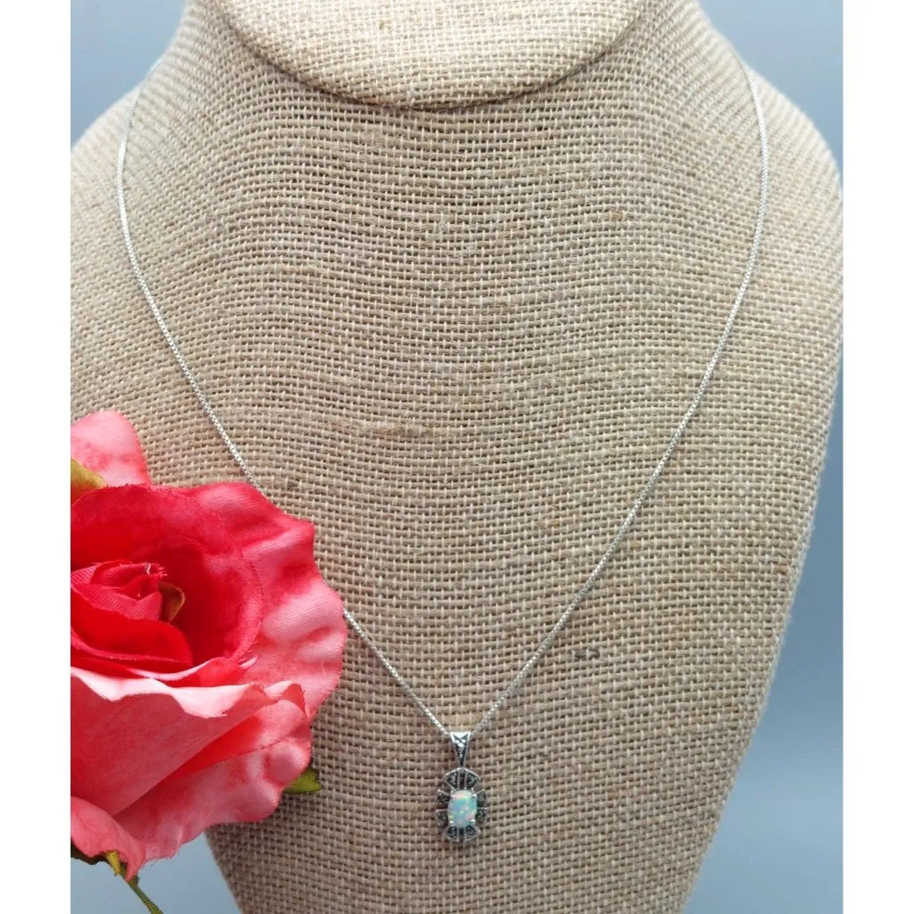 Pretty Sterling Silver Opal & Marcasite Pendant Necklace Box Chain Signed CW 18" - Image 2