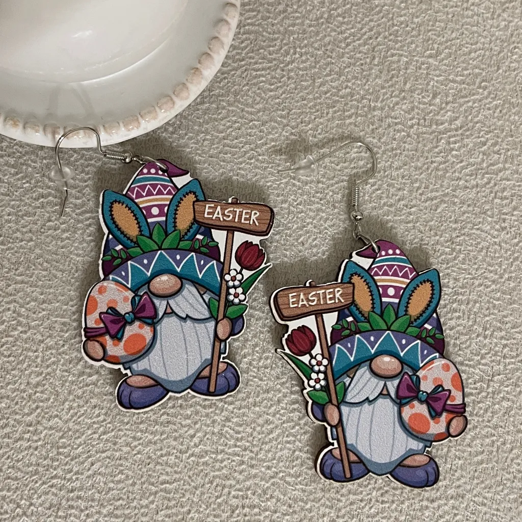 Bunny Gnome with Easter sign wooden earrings Purple - Image 3