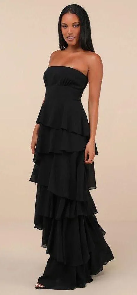NWOT  Gorgeous Essence Black Strapless Tiered Maxi Dress Wedding Size S - Image 3