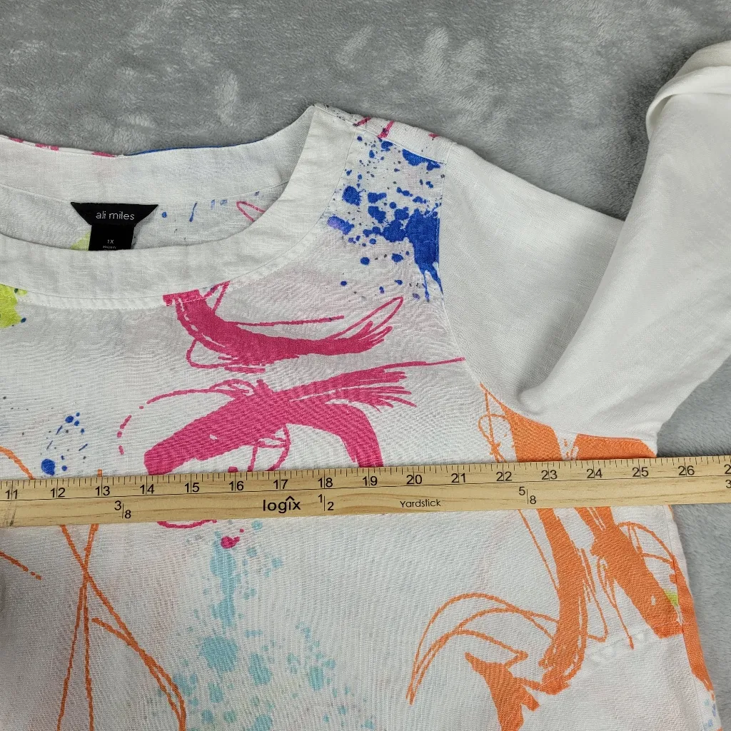 Ali Miles 100% Linen Women's Size 1X Paint Splash Tunic Top Pockets 3/4 Sleeve Pink - Image 7