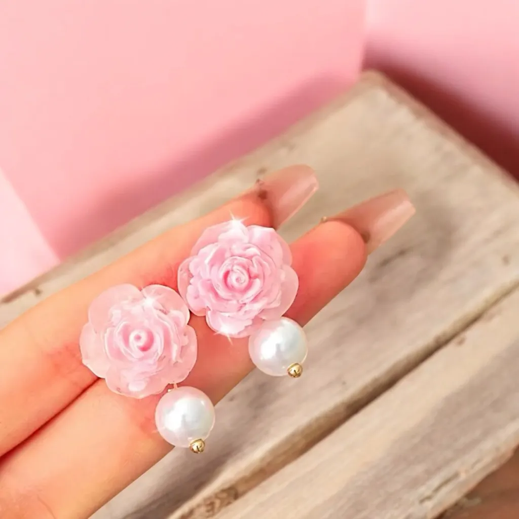 Cute Pink Rose Flower Stud Earrings with Pearlescent Bead Alloy‎ Crafted Floral - Image 4