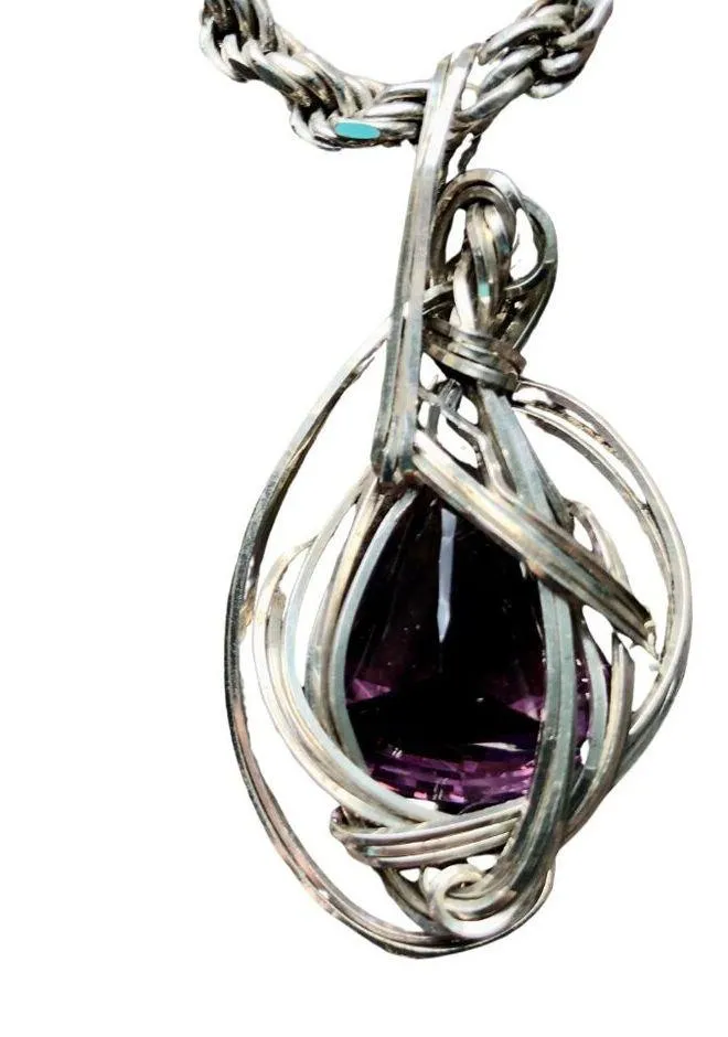 Artisan Wire Wrapped Sterling Silver Amethyst Medallion Pendant Custom Made Purple - Image 3