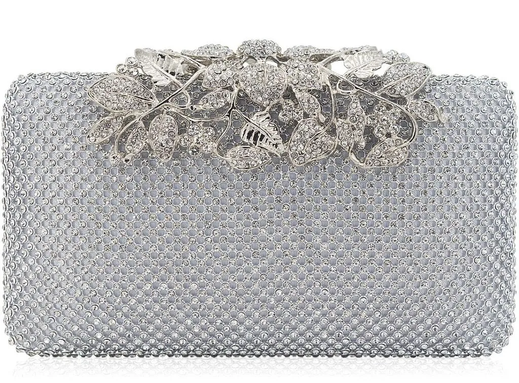 ⚡ Women's Crystal Rhinestone Evening Flower Clasp Metal Chain Silver Clutch Bag - Image 1