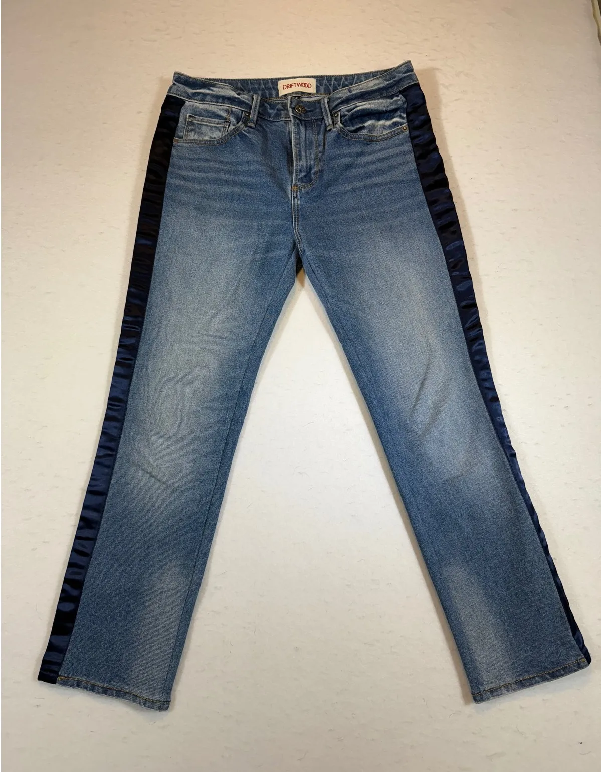 Driftwood Candace Womens Blue Denim Jeans with Navy Satin Stripe W 26 L 25 - Image 1