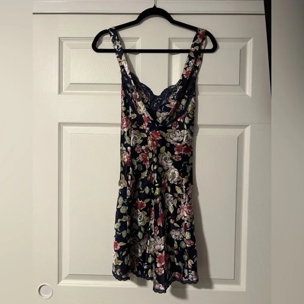 Vintage 70s 80s Vanity Fair Blue Floral Lace Teddy Mini Slip Dress Lingerie USA - Image 2