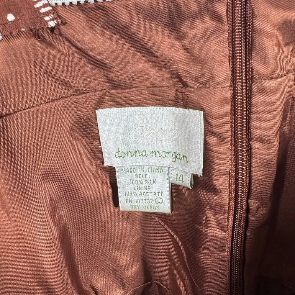 Donna Morgan Dress 14 Brown White Paisley Floral 100% Silk Sheath Preppy Y2K - Image 4