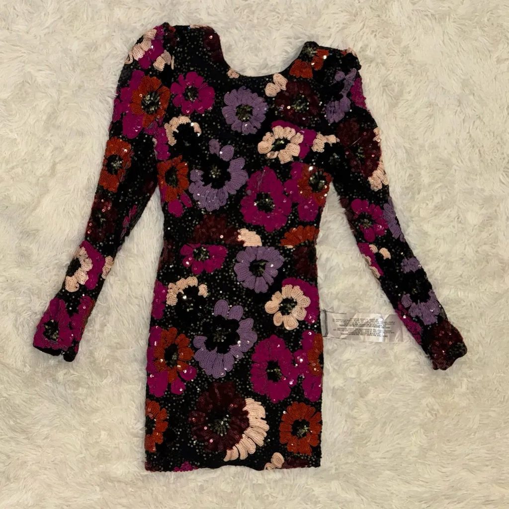 NEW Dress The Population Hazel Black Floral Sequin Long Sleeve Minidress Sz XS - Image 4
