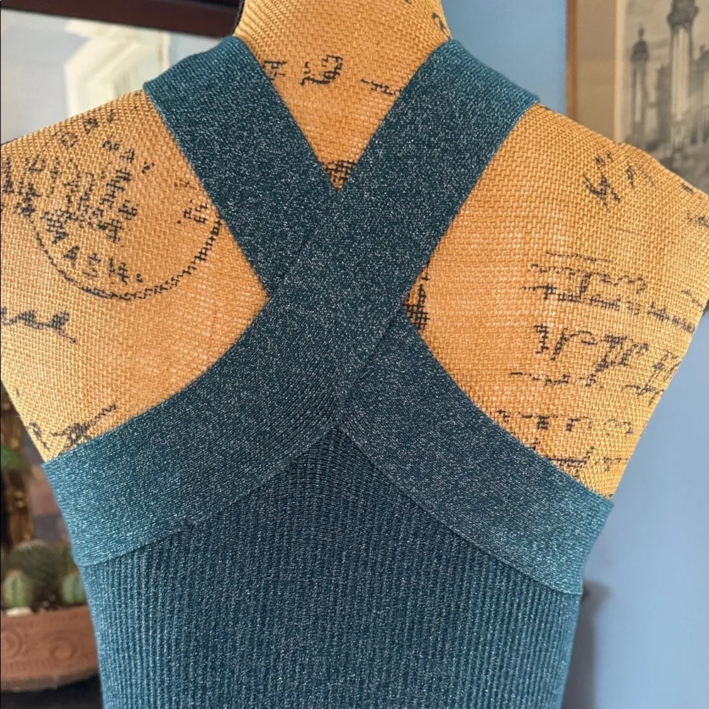 Sincerely Jules Teal Green Ribbed Metallic Knit Halter Dress NWT Blue Size M - Image 12