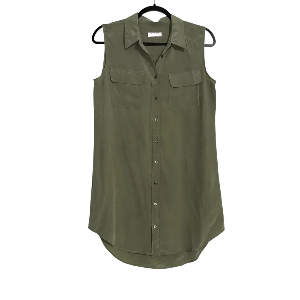 Equipment Silk Olive Green Sleeveless Shirt Mini Dress MEDIUM - Image 2