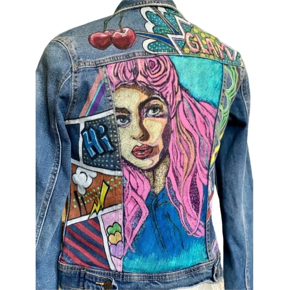 Custom Painted Blue Jean Jacket Original Pop Art style size extra small - Image 5