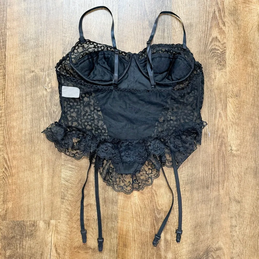 Vtg Y2K Black Babydoll Corset Bustier Top w Garter Straps Sz Large Satin Lace - Image 2