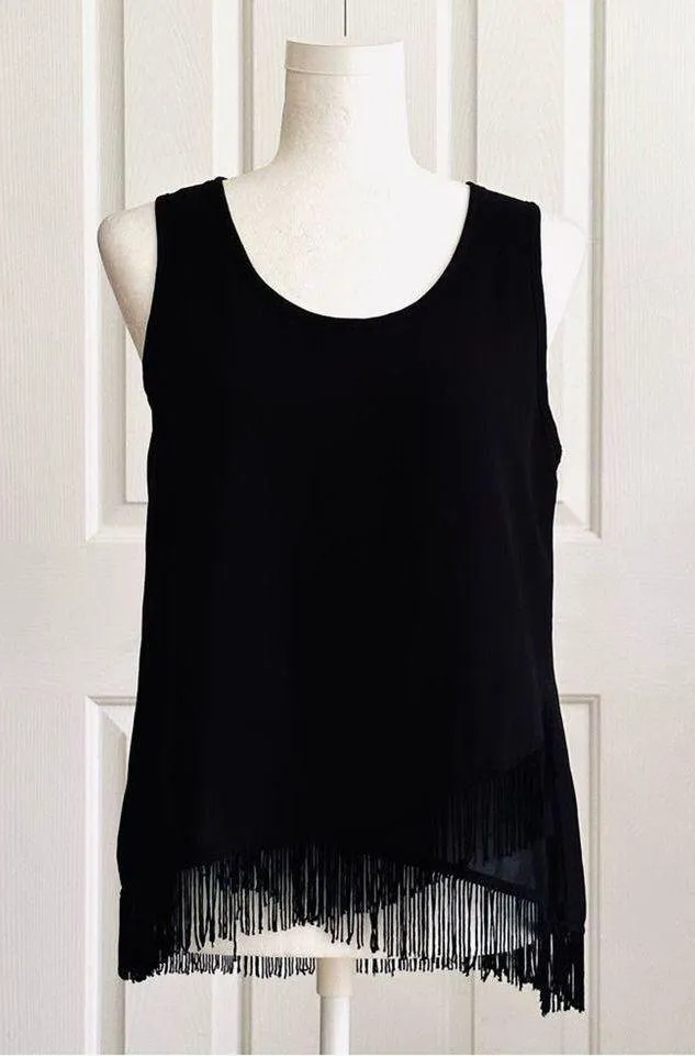 Ya Los Angeles Top Blouse Black Silk Blend Sleeveless Fringe Hem Top Small NEW - Image 3