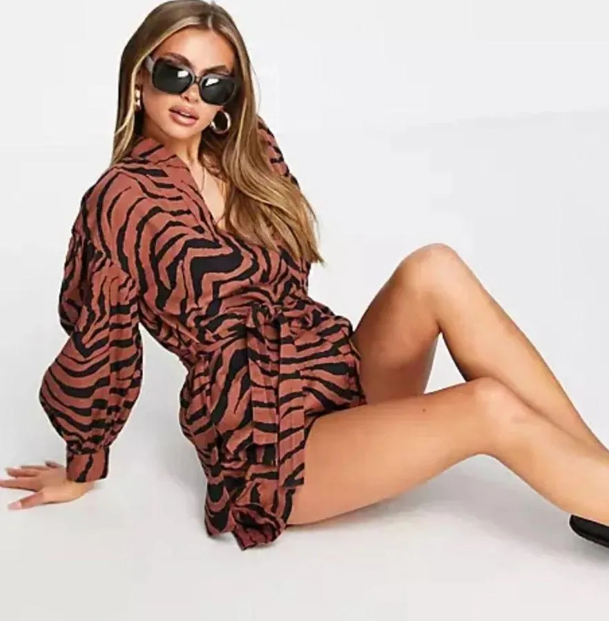 ASOS DESIGN beach short co ord set in brown animal print Sz US 4 - Image 2