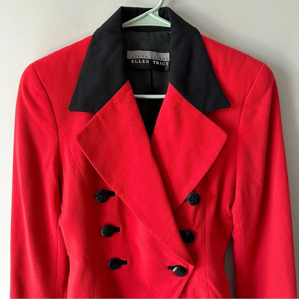 Linda Allard Ellen Tracy Wool Blazer Jacket Sz 4 Red Black 90s 80s Vintage - Image 2