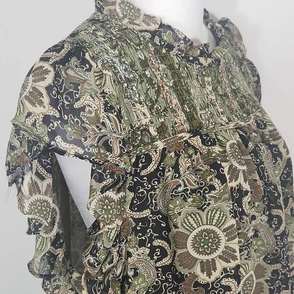 Carolina Belle Paisley Blouse with Ruffle Accents Size Large Boho Smocked Blouse - Image 5