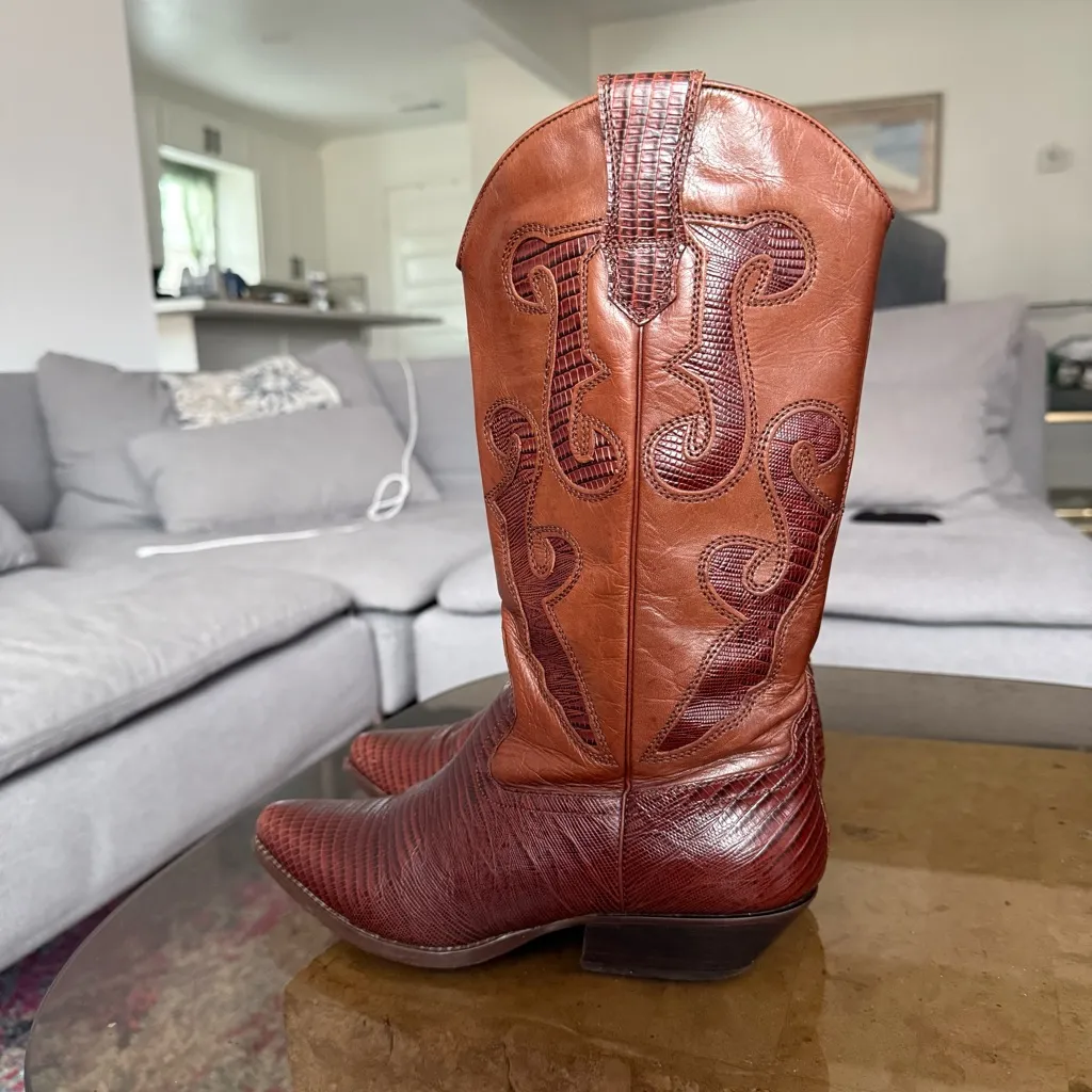 Vintage Nine West Romnee Lizard Pointed Toe Western Leather Boots in Brown 7.5 - Image 3