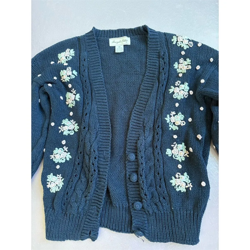 Margules Petites Vintage Floral‎ Cardigan Sweater Blue Embroidered M Size undefined - Image 3