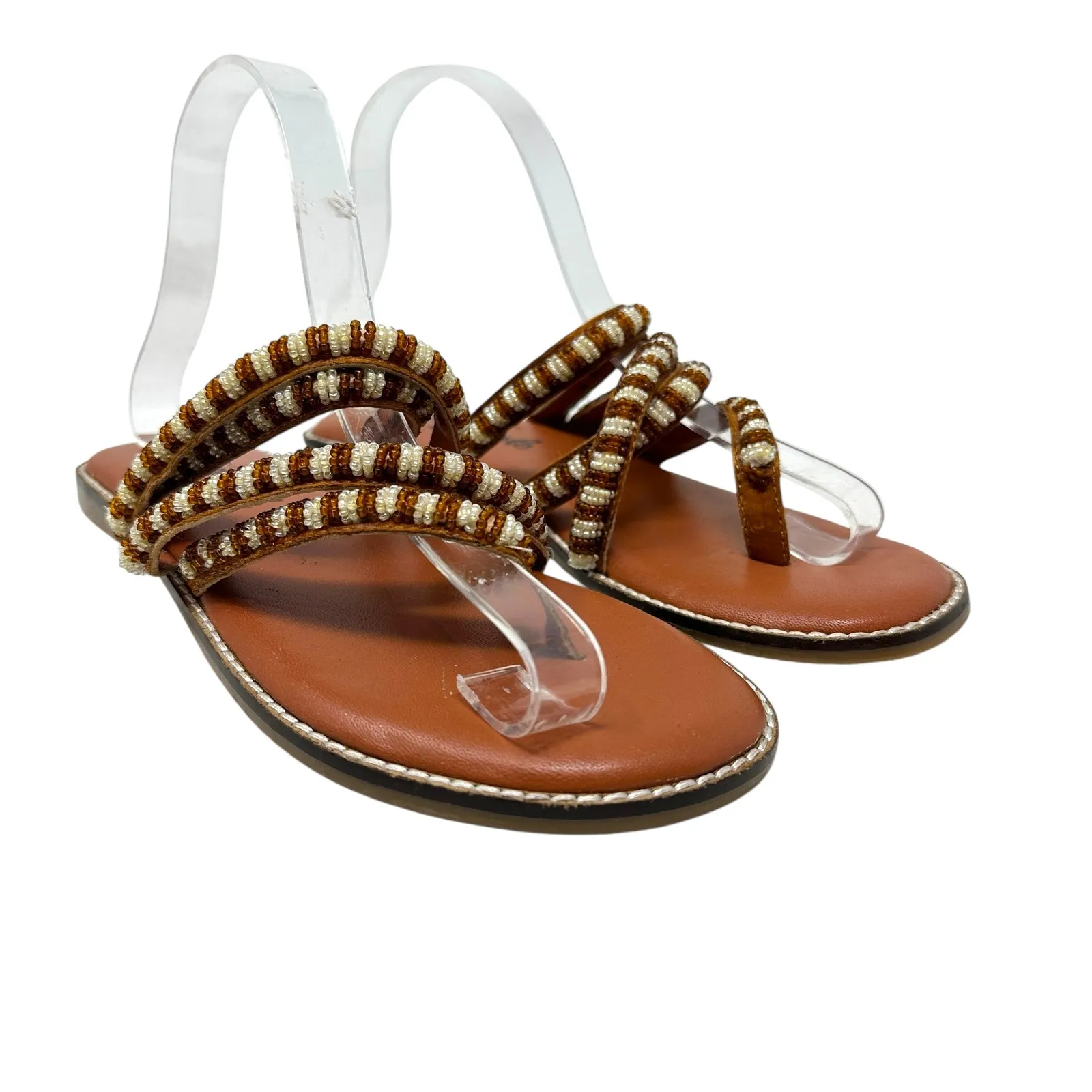 Free People Beatrice Beaded Flat Sandal Flip Flop Tan Brown‎ Size 38 US 7.5 - Image 2
