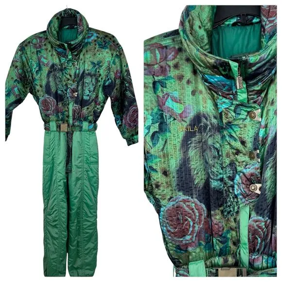 Vintage Skila Retro 80's Ski Suit Snowsuit One Piece Lion Motif Womens Size 6 Green - Image 2