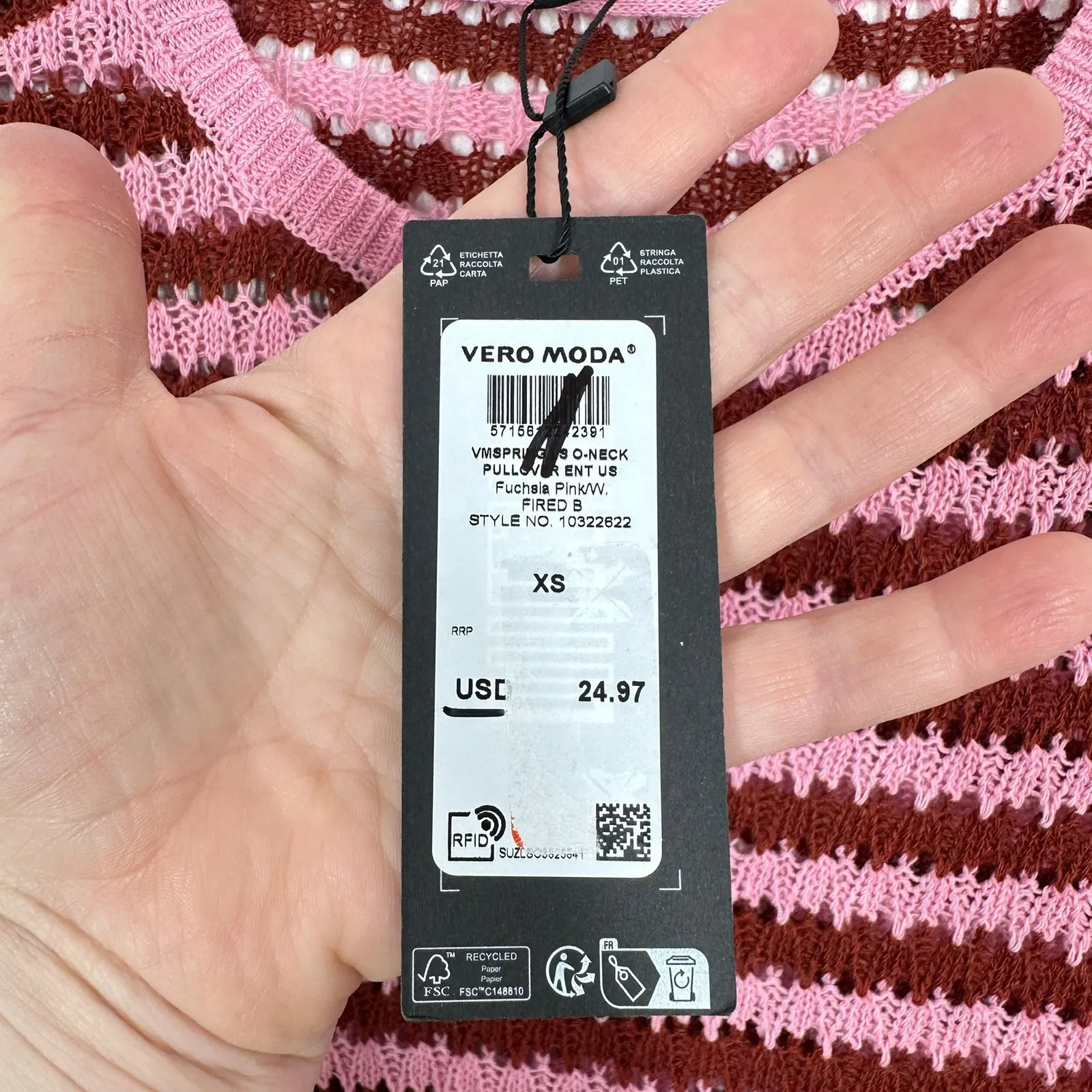 VERO MODA Pink Brown Striped Open Knit Cropped Pullover Sweater XS NWT Beach - Image 7