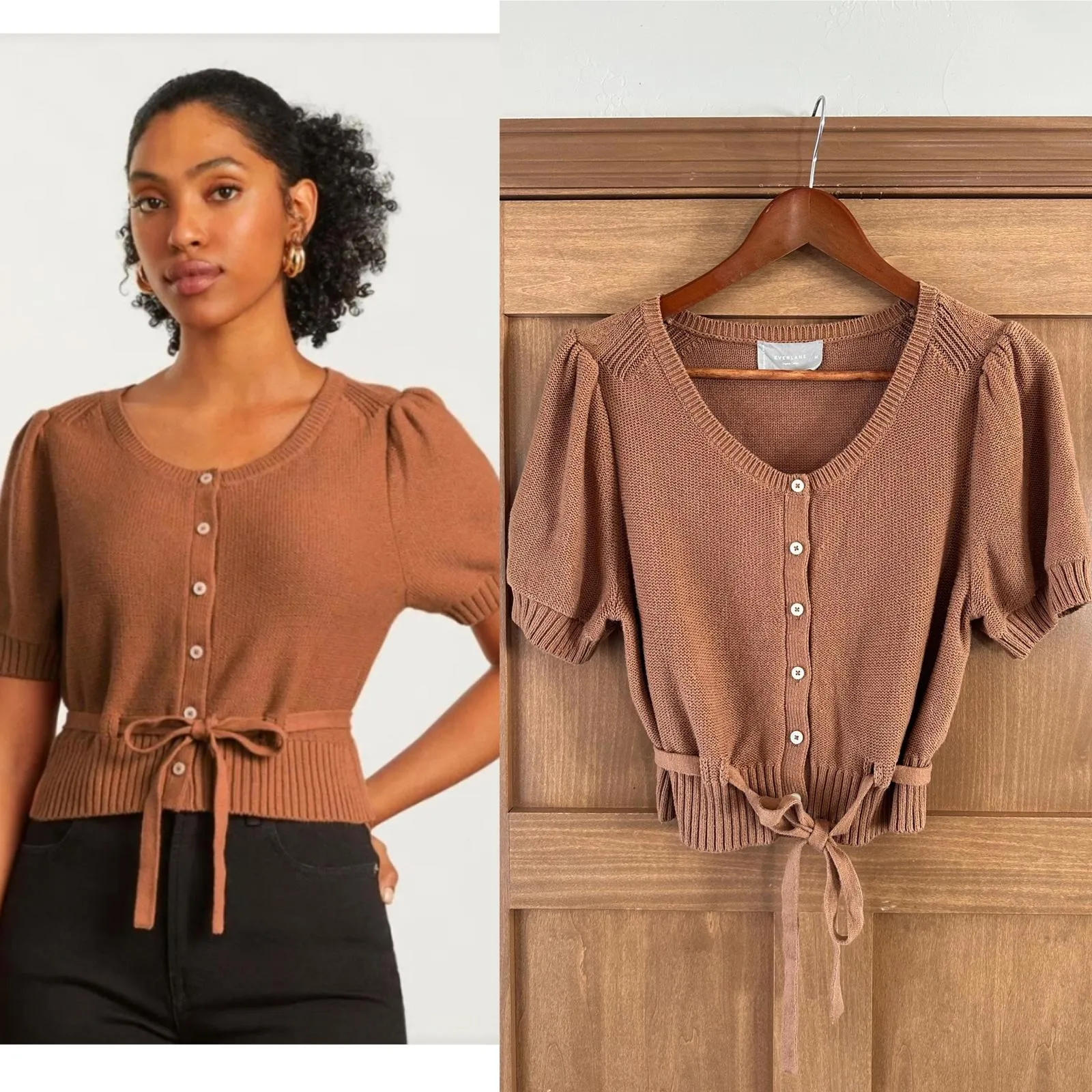 Everlane Organic Cotton Puff Sleeve Button Sweater Top in Rust Women’s sz Medium - Image 2