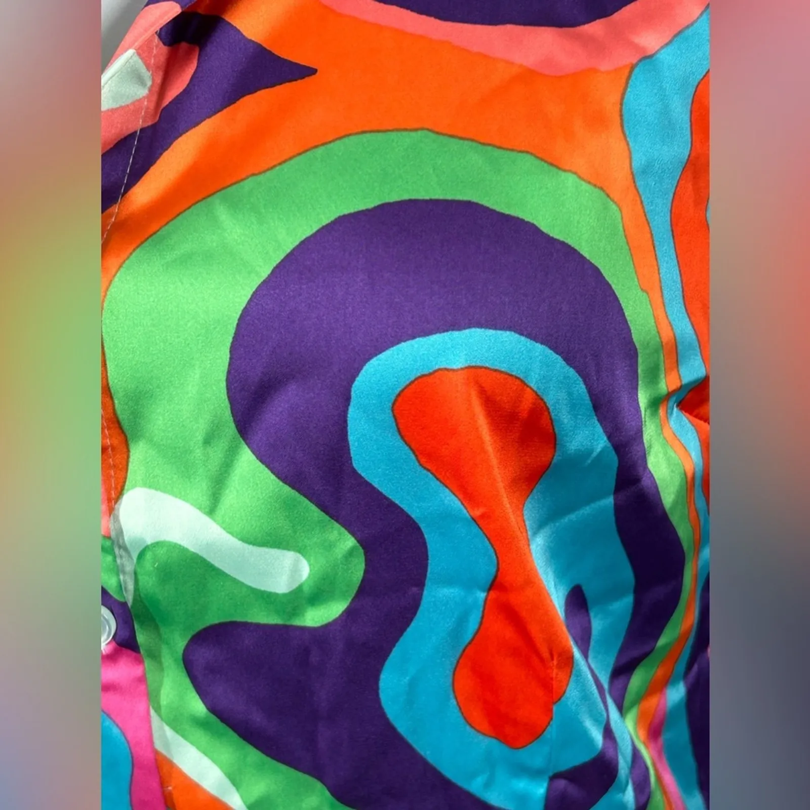 NWT New York & Company Abstract‑Print Wrap Shirtdress Large Faux Wrap Button Pink - Image 10