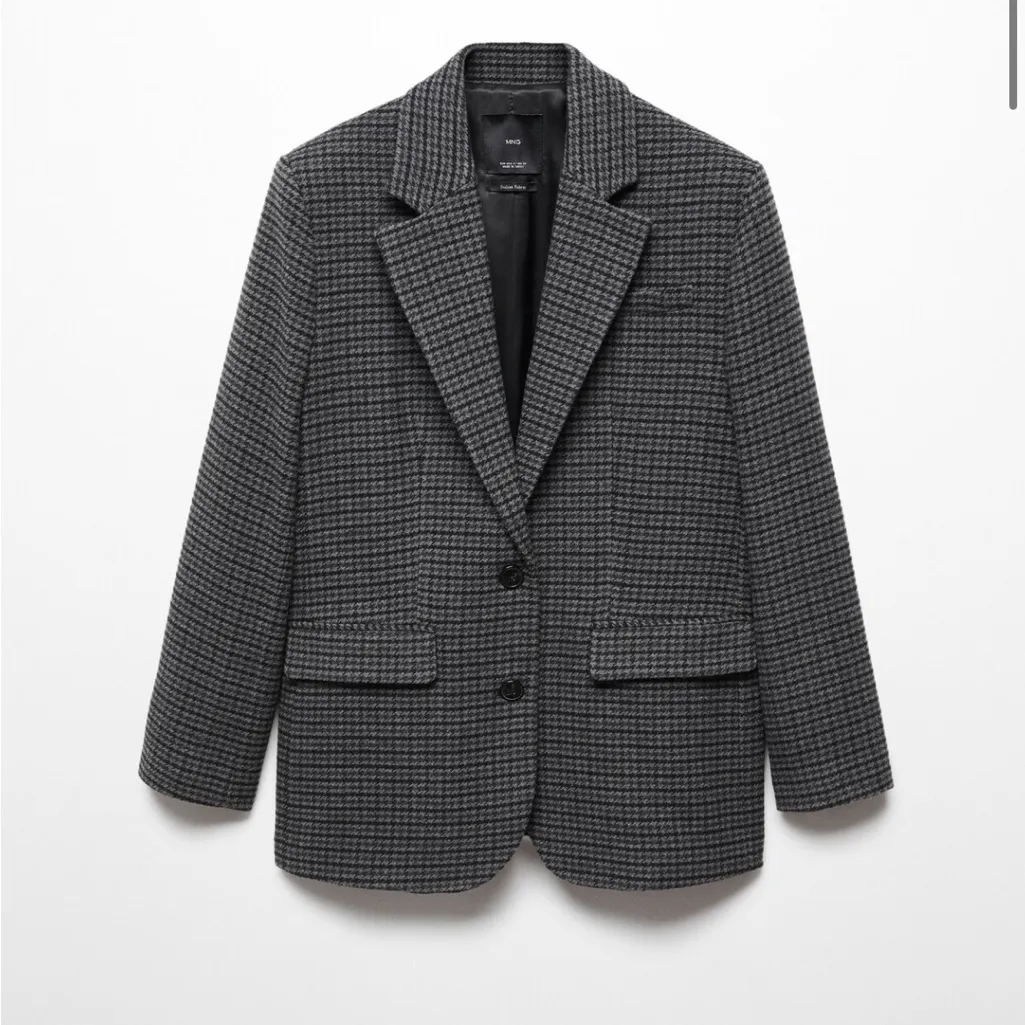 MANGO MNG Houndstooth structured wool blend blazer Italian fabric gray black m - Image 2