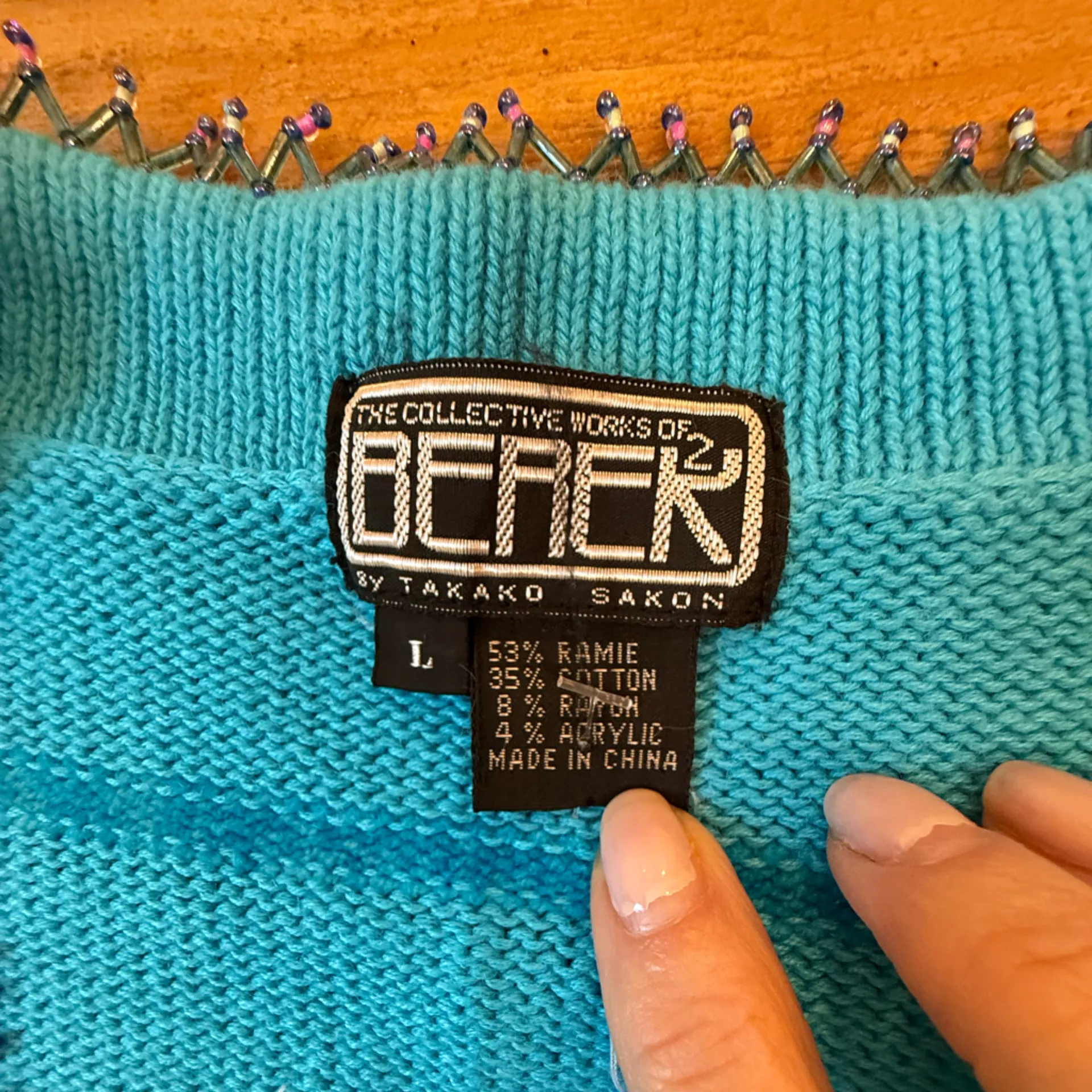 Berek Blue Art to Wear Hand Knitted Embellished Cardigan Sweater Rare Large VTG - Image 12