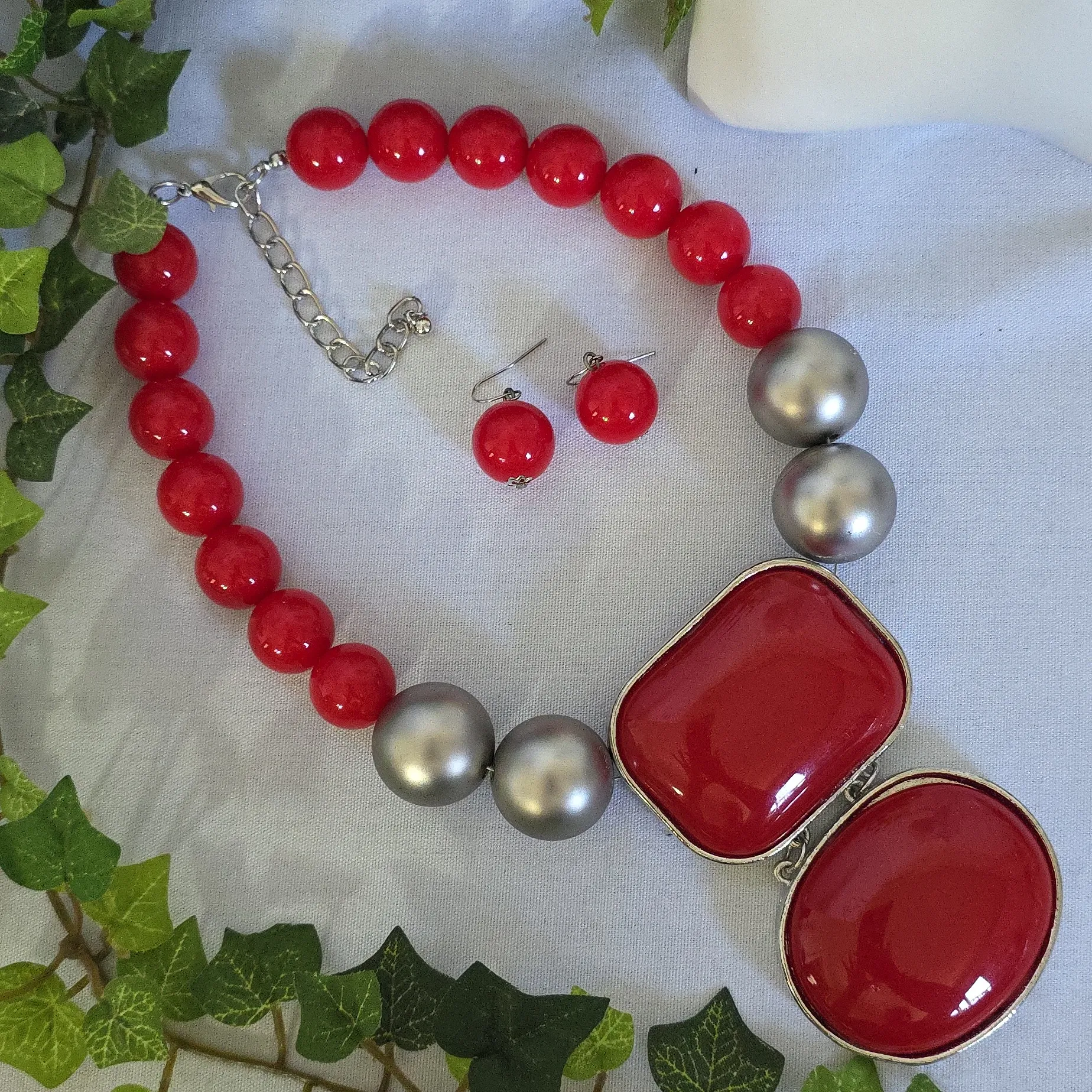 Chunky Red and Silver Bead Necklace With Statement Pendant and Earrings Set - Image 2