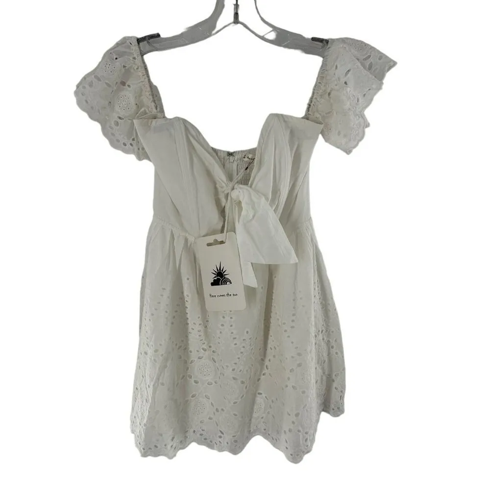 NEW/NWT Here Comes the Sun White Cotton Eyelet Off-Shoulder Mini Dress Size XS - Image 3