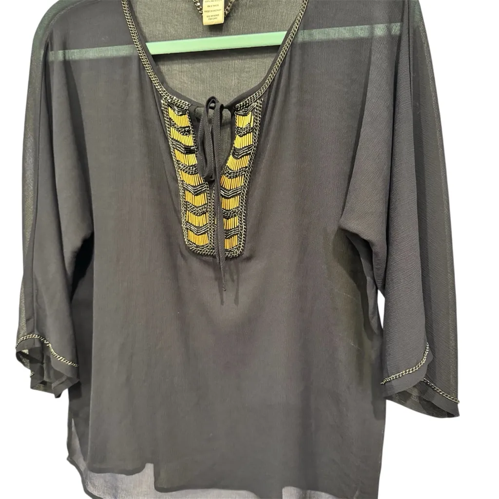 Cache Sheer Blouse in Navy w/Gold and Silver Beading Size S - Image 3