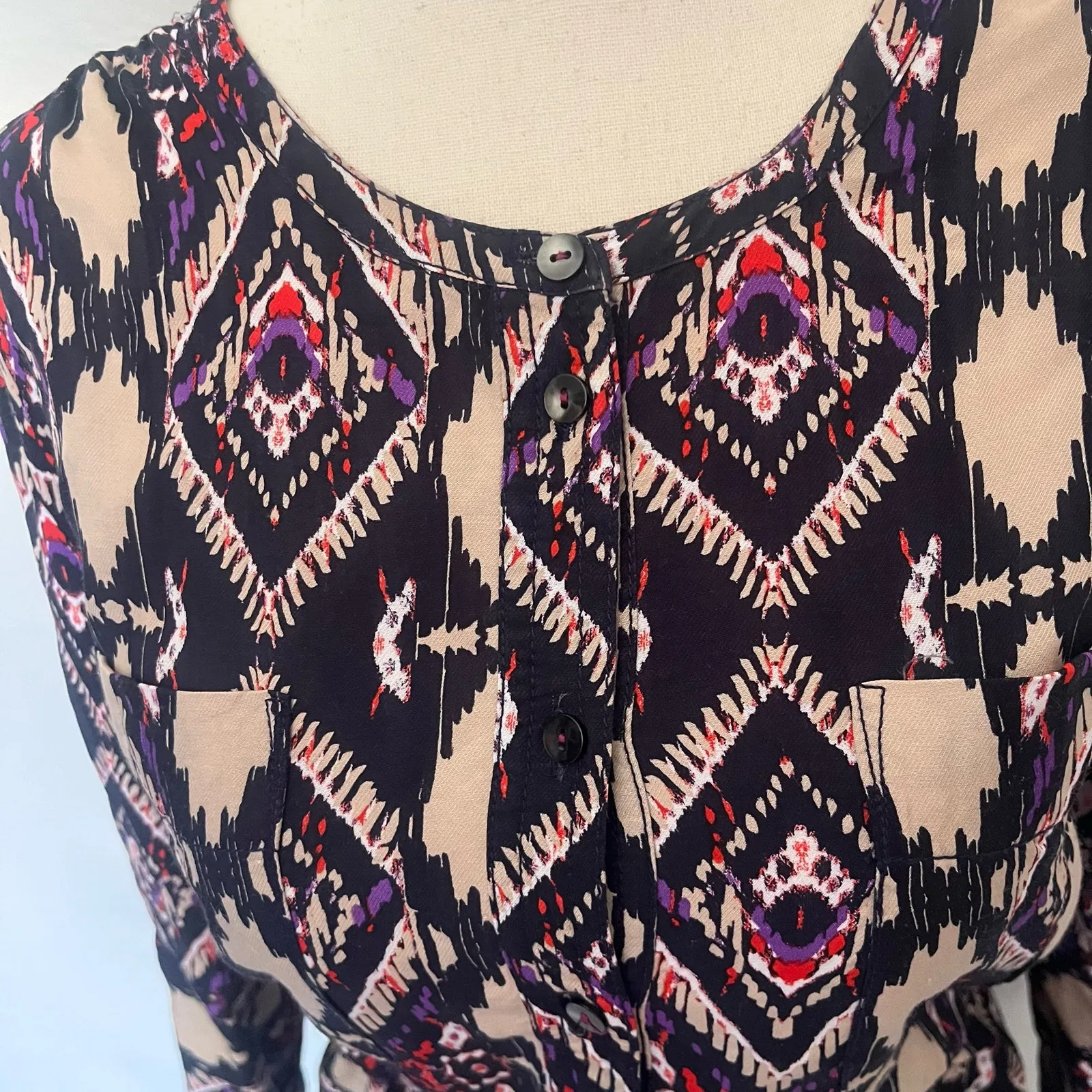 Holding Horses Boho Aztec Shirt Dress Sz 0 Festival Southwest Anthro Roll Tab - Image 5